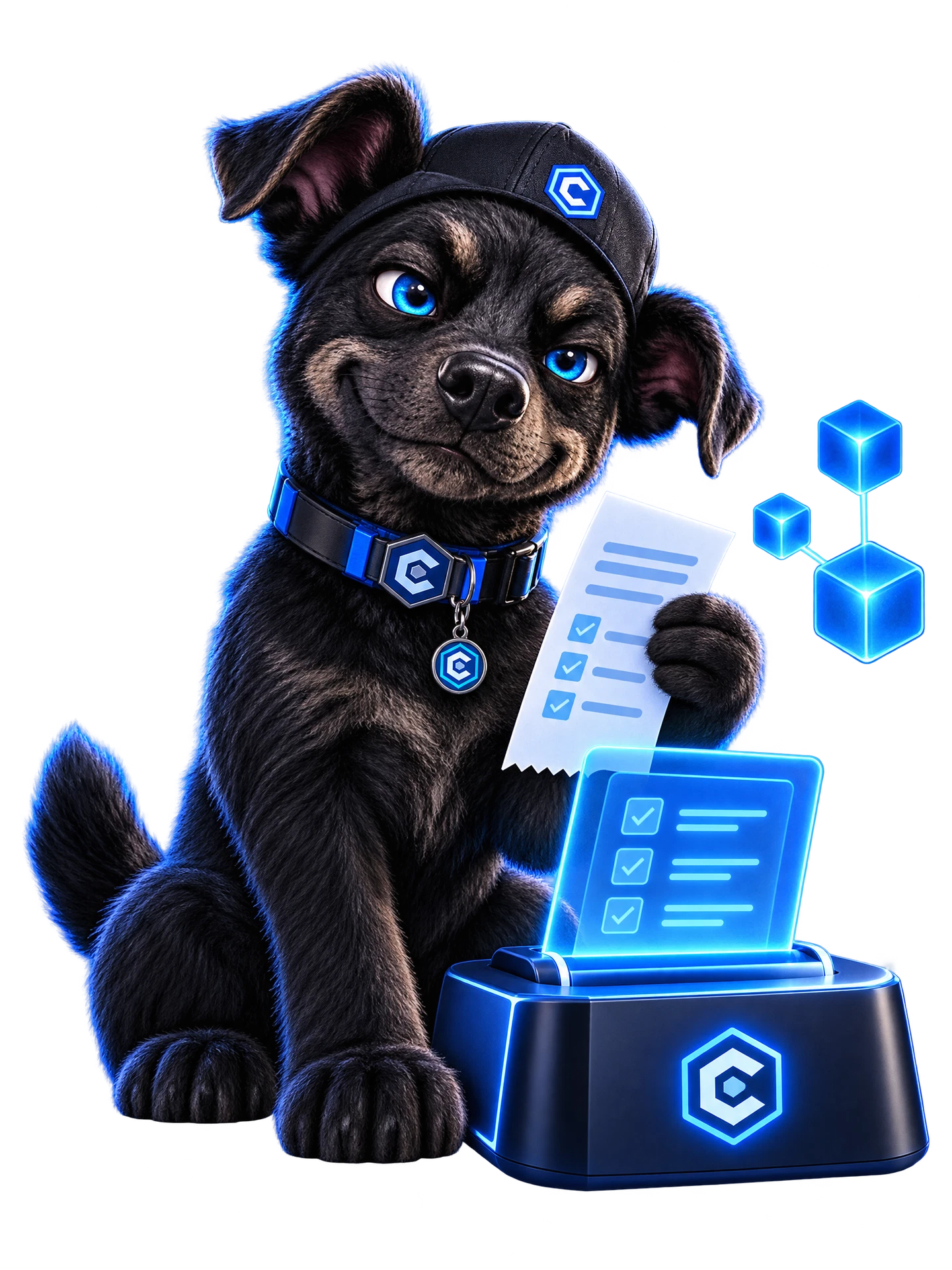 CronosDog reviewing a glowing on-chain ledger